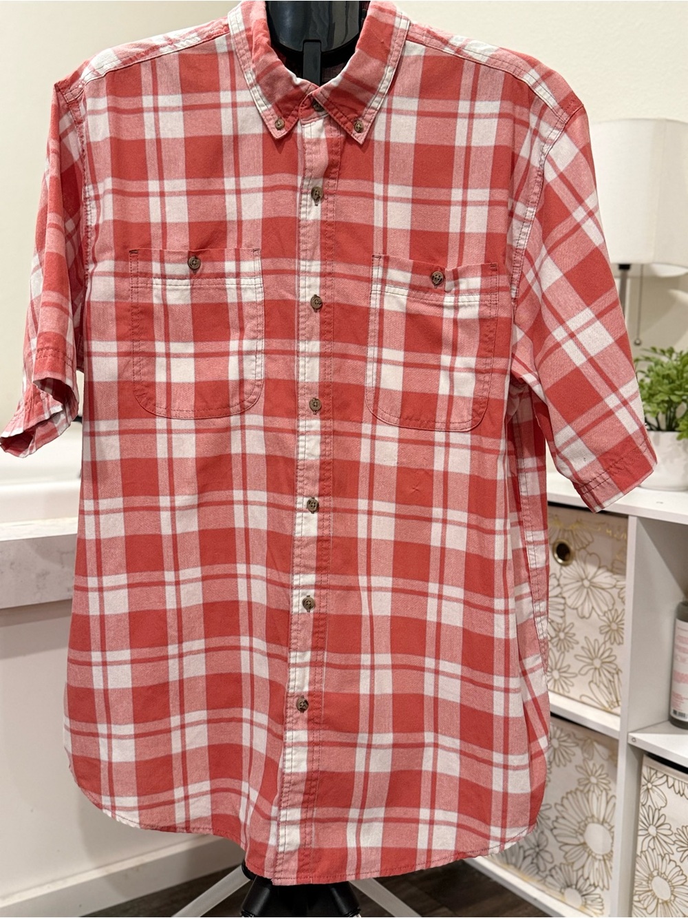 Wrangler Rugged Wear Coral Plaid Button Front Shirt Men’s XL